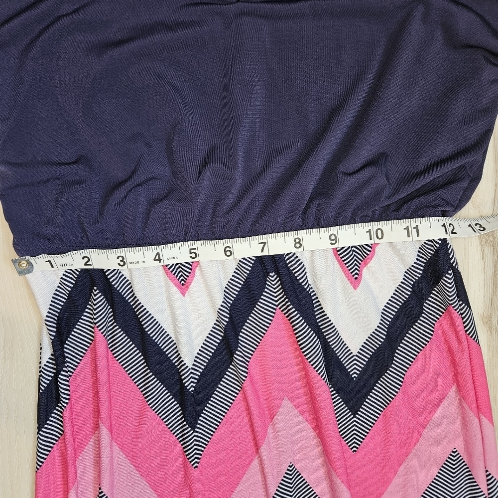 Three Pink Hearts Chevron Maxi Dress Navy Pink Boho Strappy Tank Empire Waist XS - Picture 6 of 12